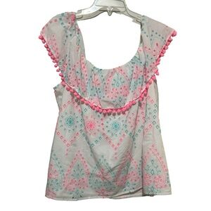 NWT Crown & Ivy Pom Pom Eyelet Top Bohemian Cottage Core Embroidery Size 2X